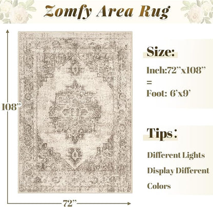 Area Rug 6x9 Vintage Rugs: Washable Indoor Medallion Rug Low Pile Distressed Floor Carpet Retro Accent Rugs for Living Room Bedroom Kitchen Dining Table Home Office(Taupe, 6'x9')