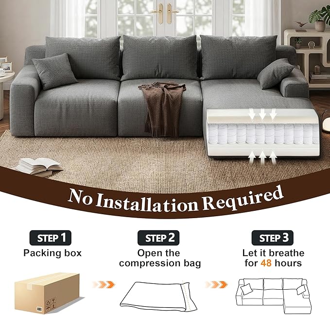 Homkdom L-Shaped Cloud Boneless Couch with Deep Seat, Modular Sectional Sofa with Oversized Chaise, 6 Layouts Combination for Living Room, Apartment, No Assembly (Grey Check, Right Facing Chaise)