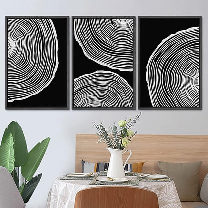 SIGNLEADER Framed Canvas Print Wall Art Set Duotone Geometric Wood Ring Circle Collage Abstract Shapes Illustrations Modern Art Boho Decorative for Living Room, Bedroom, Office - 24"x36"x3 BLACK