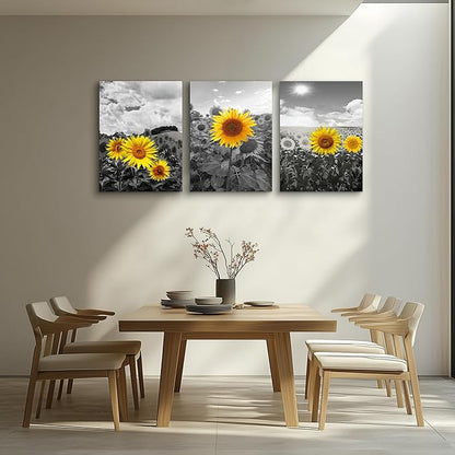 Large Size Canvas Wall Art For Living Room Family Bedroom Wall Painting Decoration,Bathroom Wall Decor Kitchen Home Decoration Black And White Sunflower Flowerswall Pictures Artwork,20x28 3 Piece