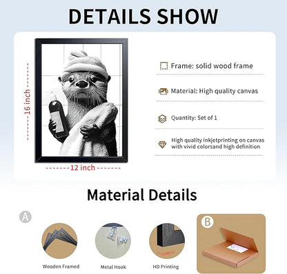 ARKZSHO Black and White Bathroom Wall Art, Funny Otter Is Getting Ready Bath Canvas Print Picture, Modern Farmhouse Wall Decor Painting, Cute Animal Bathroom Restroom Home Decoration 12x16 Inch Wood Framed