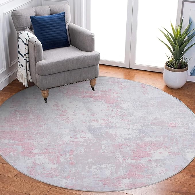 ROYHOME Modern Abstract 8x8 Round Area Rug Non Slip Non Shedding Rug Low Pile Stain Resistant for Bedroom Living Room Office Dining Room,Grey Pink