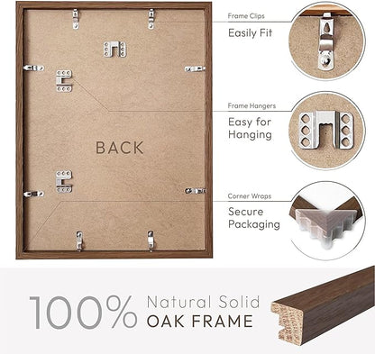 11x14 Picture Frame, 11 x 14 Solid Oak Photo Frame with Mat to 8x10, 14 x 11 Wooden Frames for Wall, 11x14 Natural Oak Wood Frame, (Walnut Set of 3)
