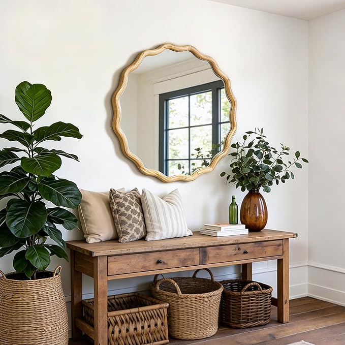 AMOISE Scalloped Round Mirror 28", Boho Wavy Wooden Frame Wall Mirror, Shatterproof Circle Accent Mirror for Bathroom, Bedroom, Entryway and Living Room