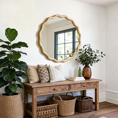 AMOISE Scalloped Round Mirror 28", Boho Wavy Wooden Frame Wall Mirror, Shatterproof Circle Accent Mirror for Bathroom, Bedroom, Entryway and Living Room