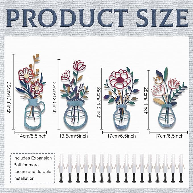 4PCS Metal Flowers Wall Arts Rustic Farmhouse Decor Minimalist Flower Wall Decors Metal Floral Wall Art for Living Room Bathroom Bedroom Dining Room (Multicolored)