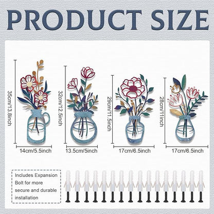 4PCS Metal Flowers Wall Arts Rustic Farmhouse Decor Minimalist Flower Wall Decors Metal Floral Wall Art for Living Room Bathroom Bedroom Dining Room (Multicolored)