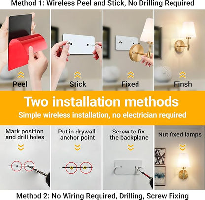 Vimhou Peel and Stick Wall Sconces, Stick On Wall Sconce Set of 2, Battery Operated Wireless Wall Light, No Drill Adhesive Wall Lamp, Corn Bulb with 10000mAh Rechargeable Battery, Bedroom Wall Decor