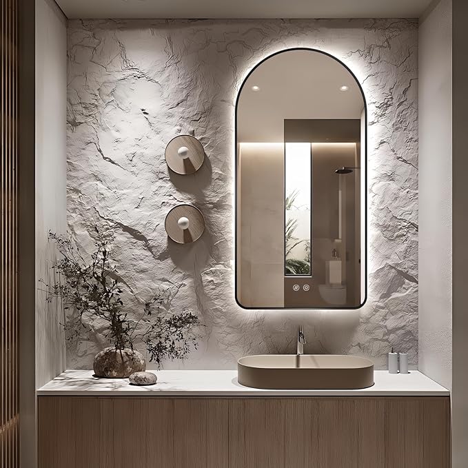 Niccy Arched LED Lighted Bathroom Mirror, 48x24 Inch Backlit Vanity Bathroom Mirror with Lights Brushed Black Framed Wall Mounted Mirrors with 3 Color Shatterproof Arch Smart Fog Free Mirror