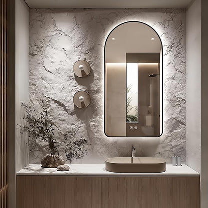 Niccy Arched LED Lighted Bathroom Mirror, 48x24 Inch Backlit Vanity Bathroom Mirror with Lights Brushed Black Framed Wall Mounted Mirrors with 3 Color Shatterproof Arch Smart Fog Free Mirror