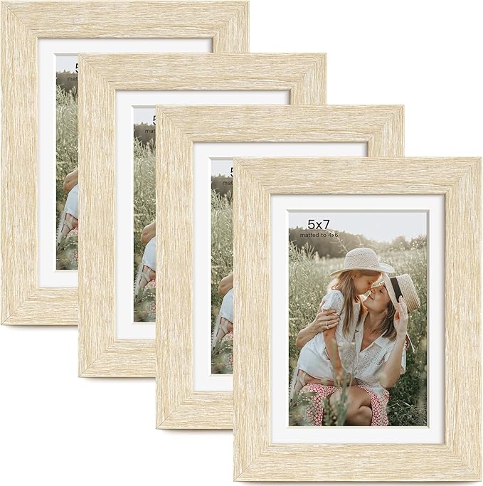 Momentworth 5x7 Picture Frame with Mat for 4x6, Natural Wood Grain 5 x 7 Gallery Wall Picture Frames for Tabletop or Wall Mounting(4 Pack, Natural)