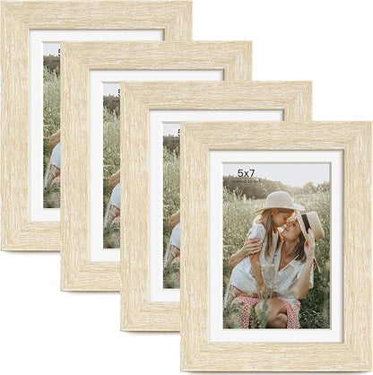Momentworth 5x7 Picture Frame with Mat for 4x6, Natural Wood Grain 5 x 7 Gallery Wall Picture Frames for Tabletop or Wall Mounting(4 Pack, Natural)