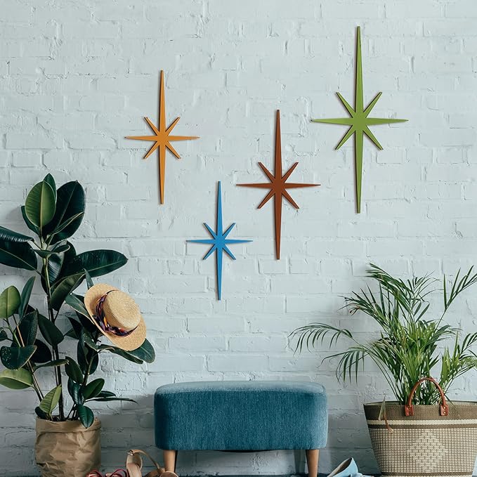 Blulu 4 Pcs Cast Iron Starburst Shaped Wall Decor Metal Mid Century Modern Decor Retro Atomic Stars Wall Art Elegance Accents Vintage Celestial Whimsigoth Hangings for Home Office Room(Modern)