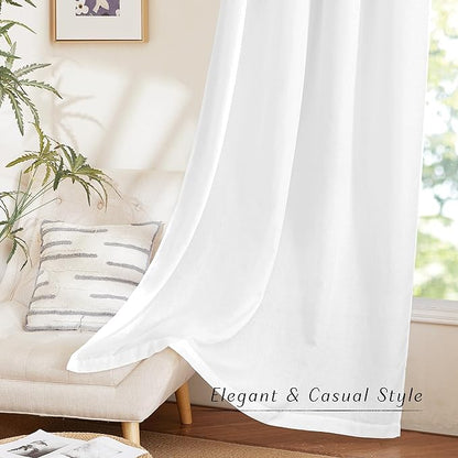 NICETOWN Linen Flax Semi Sheer Curtains 94" Length, Grommet Window Treatments Privacy Added with Light Penetration Vertical Drapes for Loft/Home Office, White, W55 x L94, 2 Panels