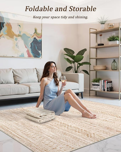 Miukiki 10x14 Area Rugs for Living Room Moroccan Washable Rugs Non Slip Indoor Floor Carpet Foldable Large Soft Area Rug with Low Pile for Dining Room Bedroom Office(Beige,10'x14')