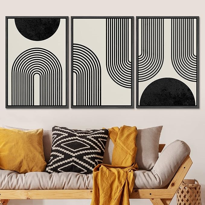 SIGNLEADER Framed Canvas Print Wall Art Spiral Parabolas & Solid Semi Circle Geometric Shapes Drawings Modern Art Contemporary Edgy Black and White for Living Room, Bedroom, Office - 24"x36"x3 BLACK