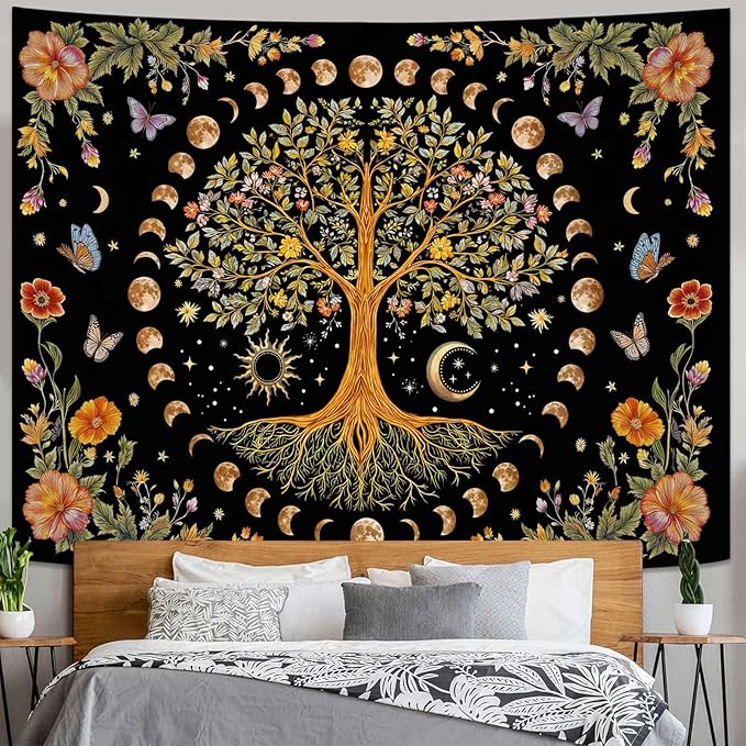 Lunerfex Tree of Life Wall Tapestry - Celestial Moon Phase & Sun Wall Hanging for Bedroom and Living Room Decor - Boho Spiritual Tapestries 60"x44"