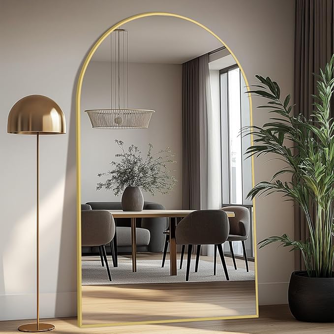 Large Mirror Full Length 76"X44", Oversized Arched Floor Mirror with Stand, Gold Standing Mirror Full Length, Hanging or Wall Mounted for Bedroom Living Room Clothing Store, Tempered Glass