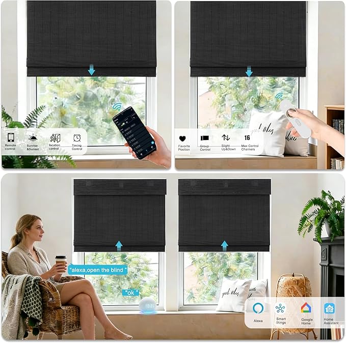 Motorized Bamboo Roman Shades, Motorized Blinds with Remote Compatible with Homekit, Alexa GoogleHome, Smart Wood Woven Shades for Indoor Windows, Customize, Carbon Shade