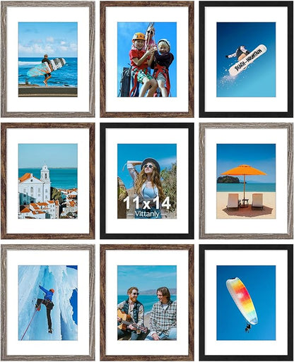 Vittanly 11x14 Picture Frames Set of 9, Display 8x10 Pictures with Mat or 11x14 without Mat, Photo Frames for Wall or Tabletop with Plexiglass, Engineered Wood, Black&Brown&Dark Grey