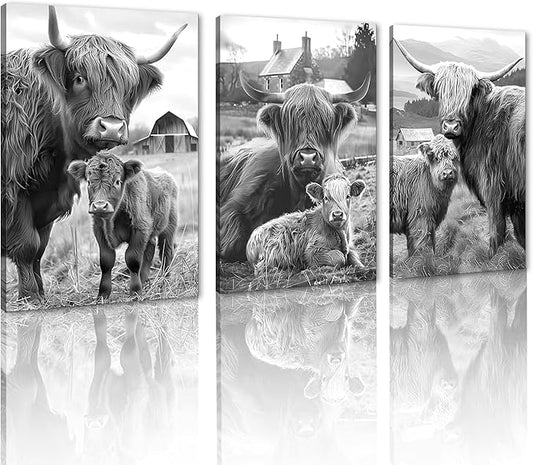 Yatsen Bridge 3 Panel Highland Cow & Calf Canvas Wall Art Warm Cute Cow Family Poster Wall Decor Black White Vintage Animals Artwork for Country Apartment Kitchen Hotel Decoration 24x36inchx3pcs