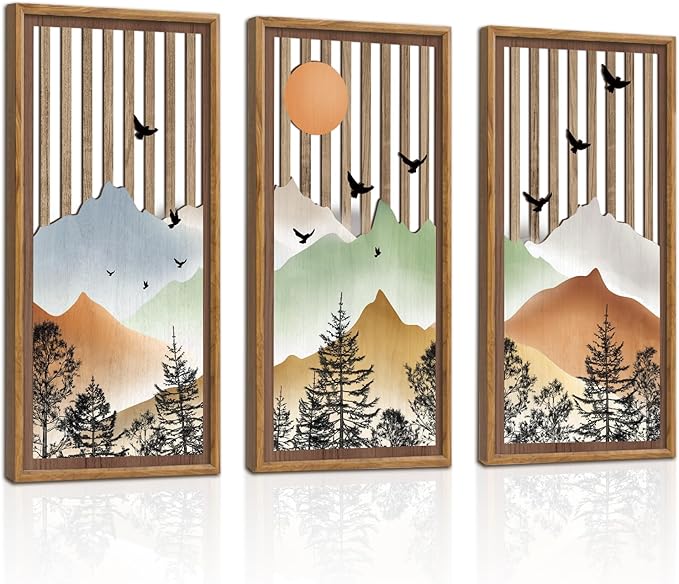 KAIRNE Mountain Landscape Wooden Wall Decor Set or 3(16”X8”) Framed,Boho Orange Wood Hanging Decor,Nature Bohemian Wall Art,Vintage Farmhouse Wooden Sign for Bedroom Living Room Office Decoration