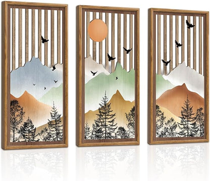 KAIRNE Mountain Landscape Wooden Wall Decor Set or 3(16”X8”) Framed,Boho Orange Wood Hanging Decor,Nature Bohemian Wall Art,Vintage Farmhouse Wooden Sign for Bedroom Living Room Office Decoration