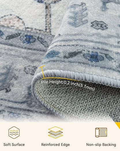 RELEANY Area Rugs Round 8ft Washable Non-Slip, Floral Vintage Distress Print Pattern Medallion Carpet for Living Room Bedroom Dining Room, Light Blue Navy Beige Gray White