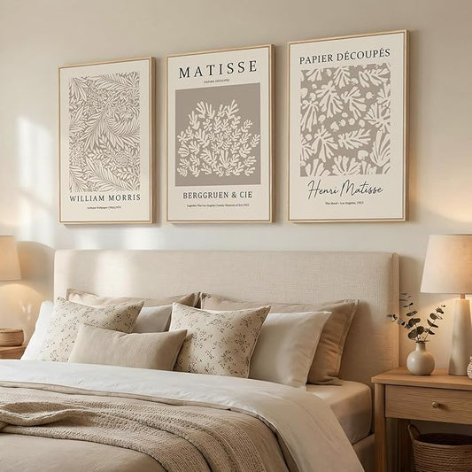Framed Large Matisse Canvas Wall Art Set of 3, Vintage Neutral Abstract Floral Artwork Prints, Boho Beige Botanical Wall Decor for Living Room, Bedroom, Hallway and Office, Total Size 30x60