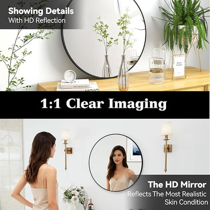 SCWF-GZ 24" Round Mirror Circle Wall Mounted Hanging or Against Wall Aluminum Alloy Metal Frame Dressing Make-up Mirrors for Entryway Bedroom Bathroom Living Room 24 inch Black