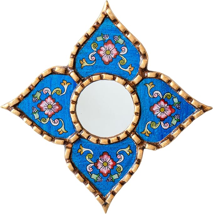 Peruvian Painted Glass Mirror with Bronze Leaf Framed - Handmade Diamond Mirror 6in for Gallery wall (Blue)