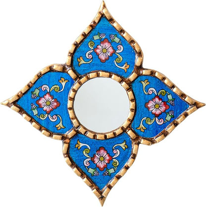 Peruvian Painted Glass Mirror with Bronze Leaf Framed - Handmade Diamond Mirror 6in for Gallery wall (Blue)
