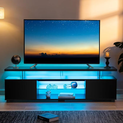 Cubehom Black TV Stand,Glass TV Stands for Living Room,TV Stand for 75+ inch TV,Long TV Cabinet for Living Room,Bedroom,Home Office