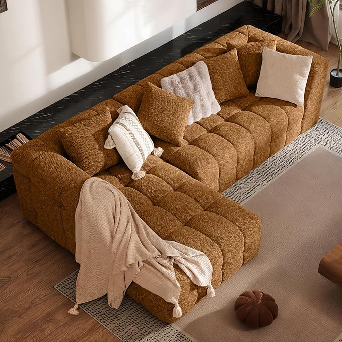 107" Boneless Couch with L - Shaped Chaise, Modern Chenille Modular Sectional Sofa with Tufted Design, Comfy Upholstered Sofa, No - Assembly Sectional Couch, Orange-Brown