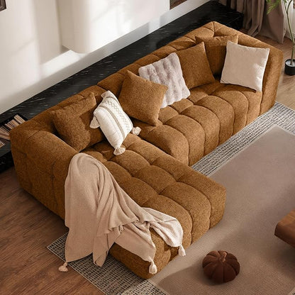 107" Boneless Couch with L - Shaped Chaise, Modern Chenille Modular Sectional Sofa with Tufted Design, Comfy Upholstered Sofa, No - Assembly Sectional Couch, Orange-Brown