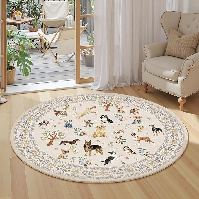 Beige 4Ft Round Area Rugs for Bedroom, Non-Slip Stain Resistant Round Kitchen Dog Rug, Modern Geometric Print Indoor Floor Circle Carpet for Entryway Living Room Sofa