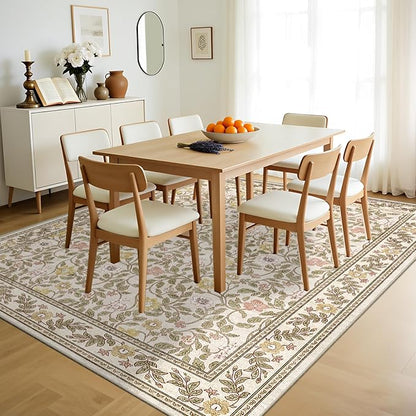 Floral Living Room Rug 6x9 Machine Washable Boho Area Rug Non Slip Vintage Low Pile Carpet for Bedroom, Farmhouse, Dining Room, Kids Playroom,Beige/Multi