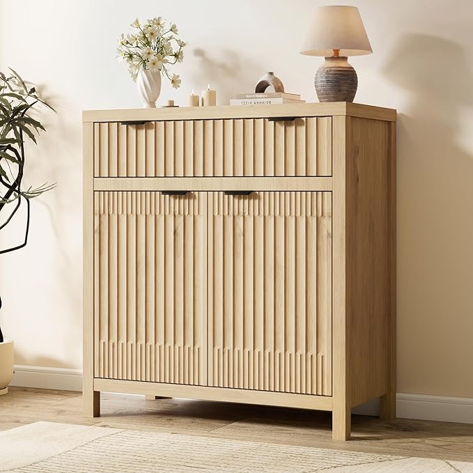 Fatmok Fluted Buffet Cabinet with Storage, 34" Tall Modern Arched Sideboard Cabinet w/AdjustableShelves,Wooden Modular Coffee Bar for Dining Room, Kitchen, Living Room, Entryway, Natural