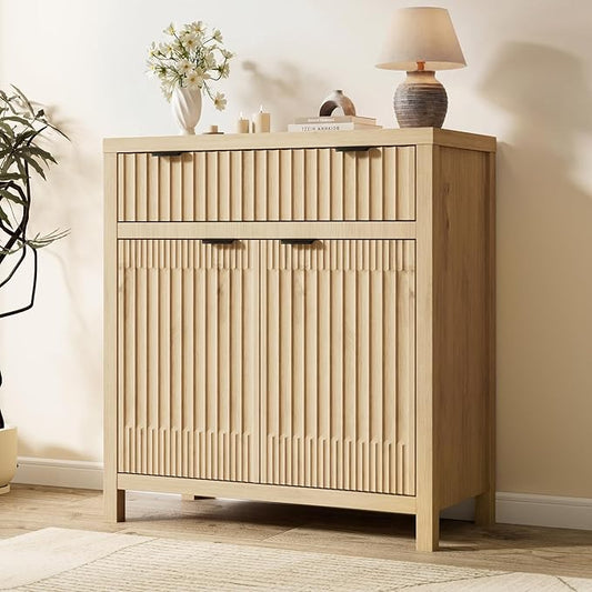 Fatmok Fluted Buffet Cabinet with Storage, 34" Tall Modern Arched Sideboard Cabinet w/AdjustableShelves,Wooden Modular Coffee Bar for Dining Room, Kitchen, Living Room, Entryway, Natural