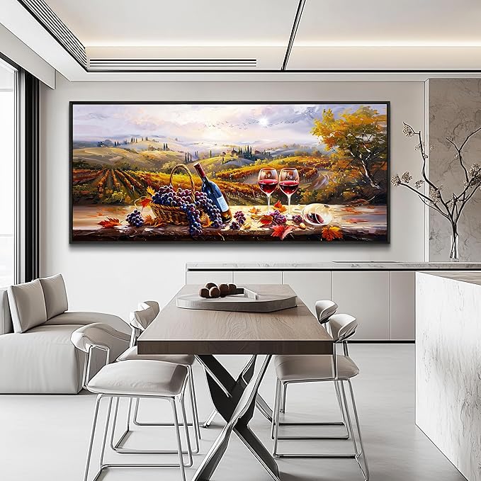 hyidecorart Large Framed Wall Art,Wine Farm View Kitchen Art Prints, French Country Still Life Picture, Fruit Harvest Art Prints, Rustic Dining Room Wall Decor, Restaurant Home Bar Decoration 32x72 In