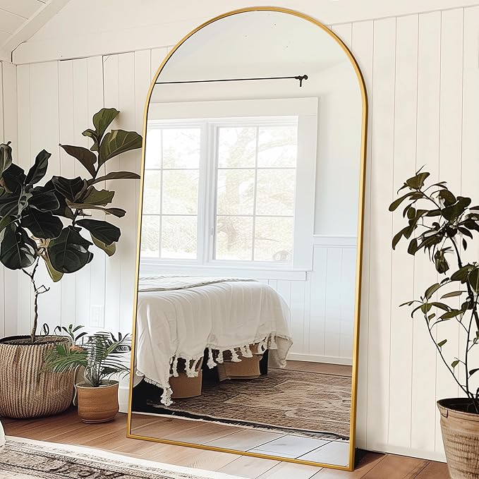Antok Oversized Full Length Mirror with Stand, 83"x44" Arched Floor Mirror, Aluminum Frame, Wall Mounted/Leaning/Free Standing, Large Body Mirror for Bedroom Living Room Entryway Dressing Room,Gold