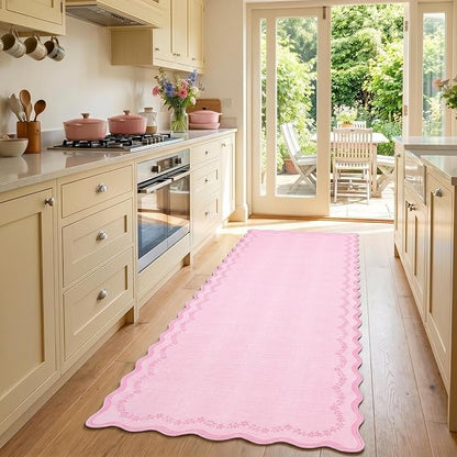GarveeHome 2.5x8 Scalloped Washable Runner Rug for Bedroom, Soft Pink Long Hallway Runner Non Slip Entryway Rug Farmhouse Thin Laundry Mat Stain Resistant Carpet for Kitchen Bathroom Rug