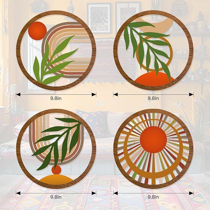 Zzbakress 4 Pcs Boho Wall Decor Rustic Wooden Hollow Bobo Wall Art Bohemian Bedroom Decor 10 inch Farmhouse Wall Hanging Decor Boho Minimalist Wall Art for Bedroom Living Room (Rustic, 4)