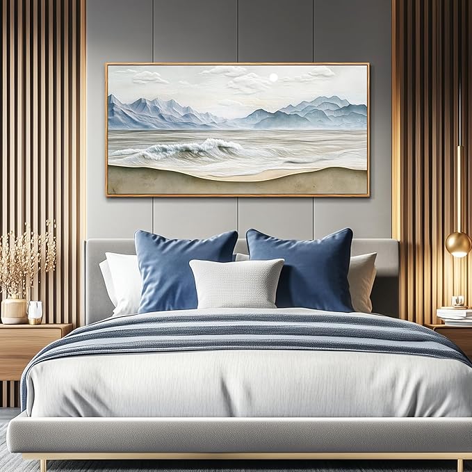 Wapluam Beach Pictures Wall Art,Large Canavs Wall Art,Ocean Wall Decor Living Room,Farmhouse Landscape Painting,Mountain Wall Art,Above Bed Wall Art,Framed Sea Waves Artwork for Bedroom Bathroom 20x40
