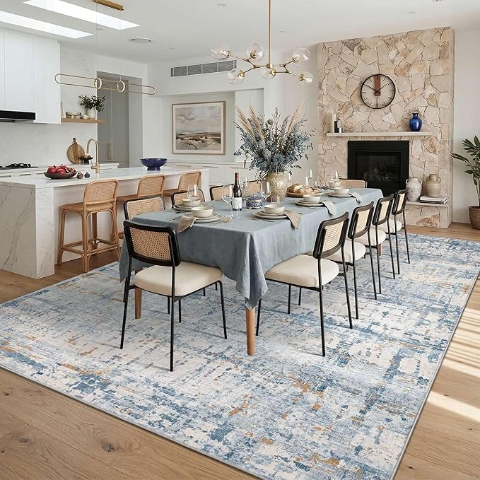 Rugxara 10x14 Extra Large Washable Area Rug, Soft Abstract Vintage Rug for Living Room, Bedroom, Office, Farmhouse, Low Pile Imitation Wool Non Slip Carpet Ideal for High-Traffic Areas, Blue Beige