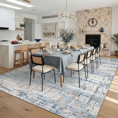 Rugxara 10x14 Extra Large Washable Area Rug, Soft Abstract Vintage Rug for Living Room, Bedroom, Office, Farmhouse, Low Pile Imitation Wool Non Slip Carpet Ideal for High-Traffic Areas, Blue Beige