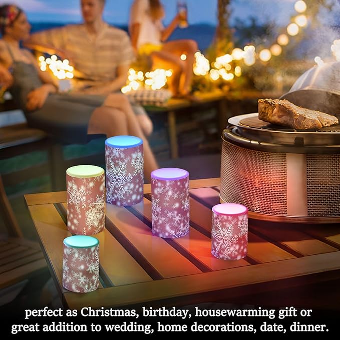 Christmas Lights Decorations Flameless Candles Christmas Background with Snowflakes Red Pillar Candles Set of 2 Battery Operated Remote Control Warm Lights