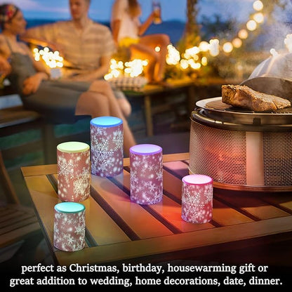 Christmas Lights Decorations Flameless Candles Christmas Background with Snowflakes Red Pillar Candles Set of 2 Battery Operated Remote Control Warm Lights