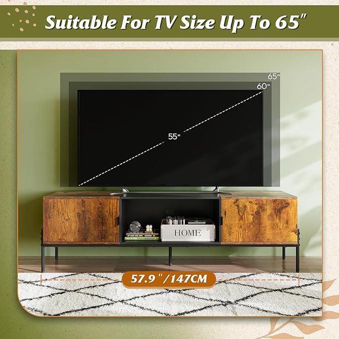WLIVE TV Stand for 65 Inch TV, Mid Century Modern Entainment Center with 2 Storage Cabinets & Open Shelf, TV Console Table Media with Metal Legs for Living Room, Bedroom, Rustic Brown