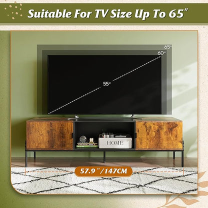 WLIVE TV Stand for 65 Inch TV, Mid Century Modern Entainment Center with 2 Storage Cabinets & Open Shelf, TV Console Table Media with Metal Legs for Living Room, Bedroom, Rustic Brown